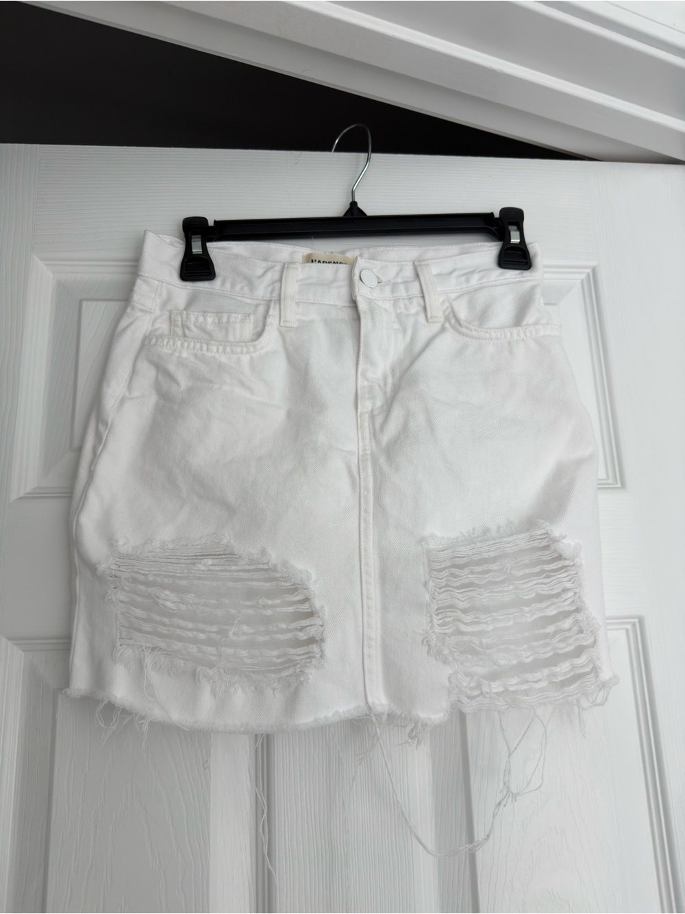 L'AGENCE White Distressed Denim Mini Skirt with Frayed Hem